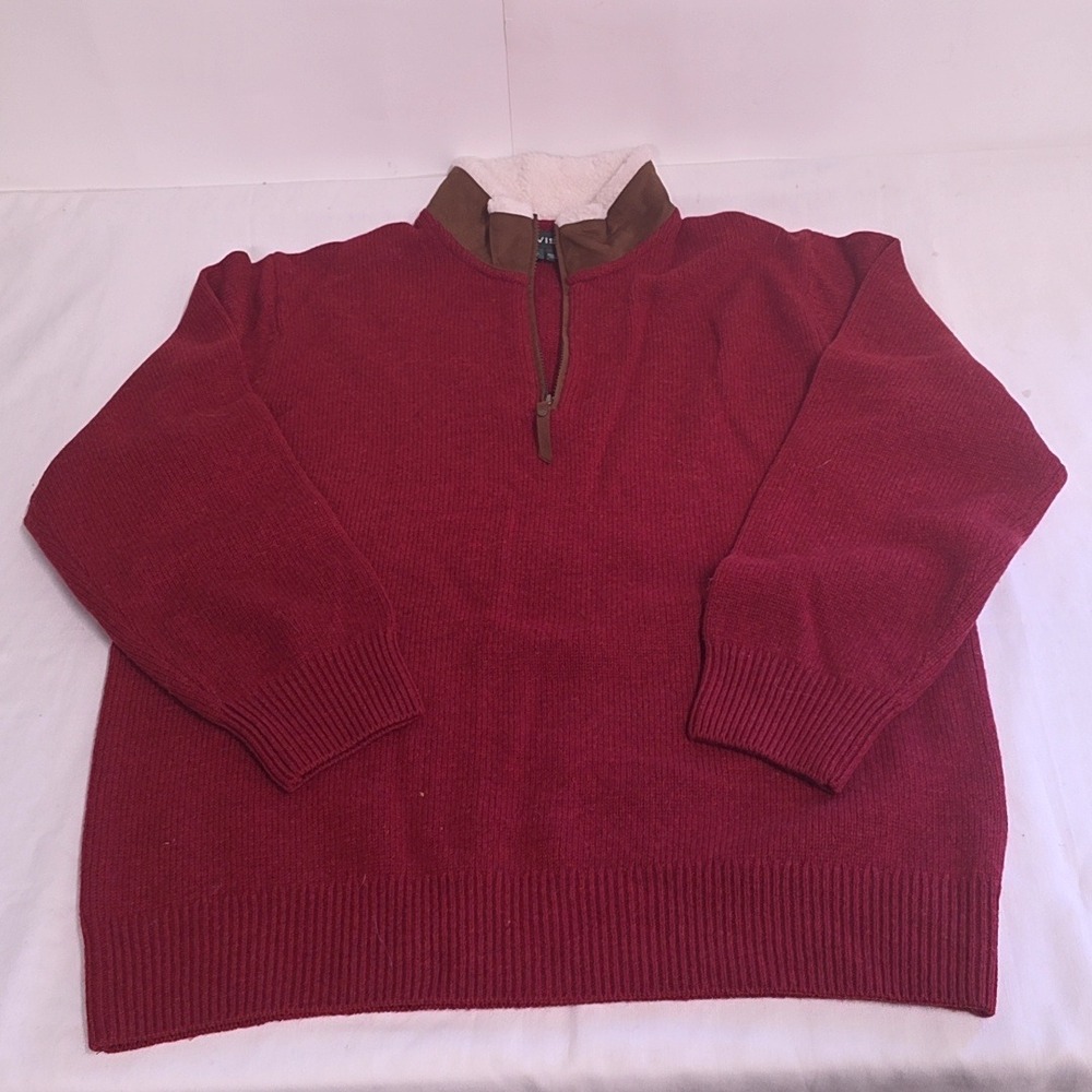Orvis Sweater Mens Large Red 100% Lambswool Quarter Zip Fleece Lined Collar